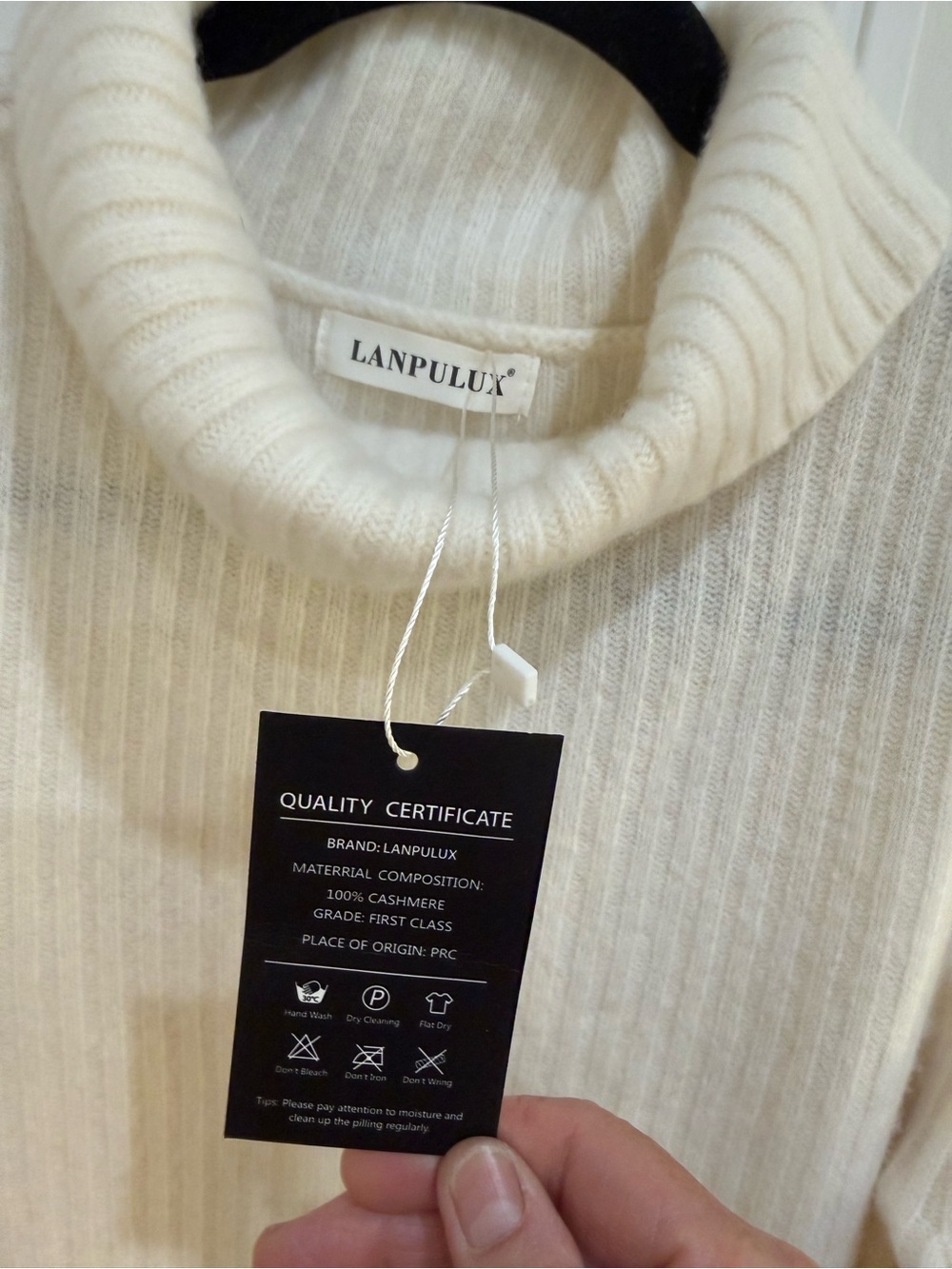 Lanpulux Cream Cashmere Ribbed Turtleneck Sweater